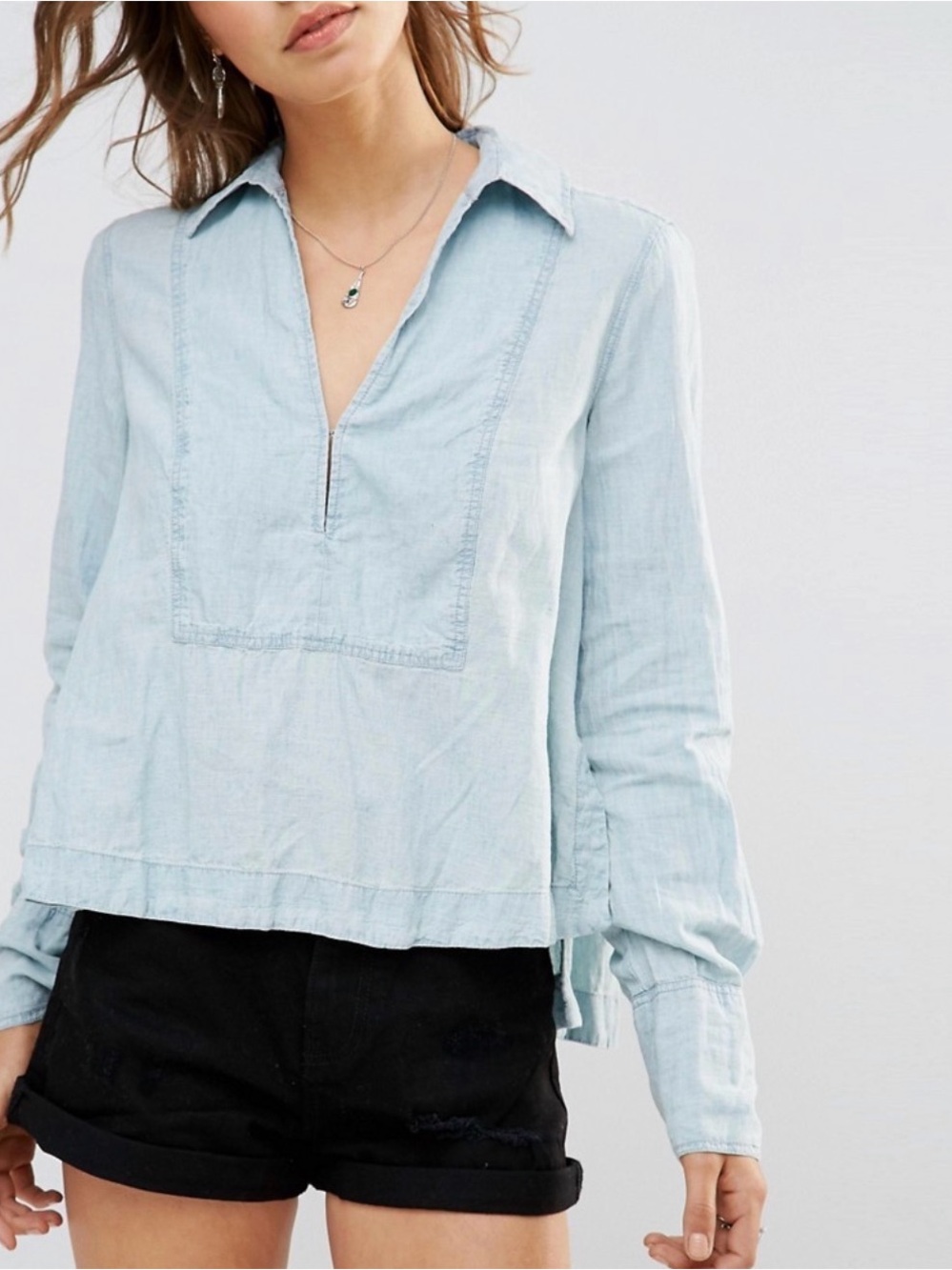 Free People Pale Denim V-Neck Linen Cotton Blouse